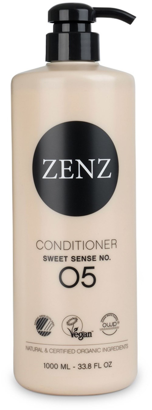 A bottle of ZENZ conditioner with a pump, labeled as Sweet Sense No. 05, vegan, organic, and suitable for all hair types.