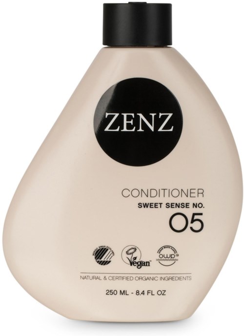A beige bottle of ZENZ conditioner with a black cap, labeled for sweet sense, vegan and organic ingredients, 250 ml.