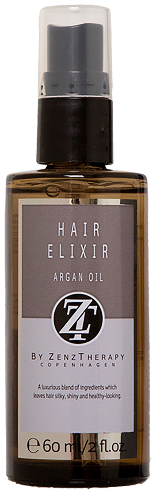 Kleine Flasche Haarelixier mit Arganöl, Zenz Therapy, Kopenhagen, 60 ml, glänzend bernsteinfarben.