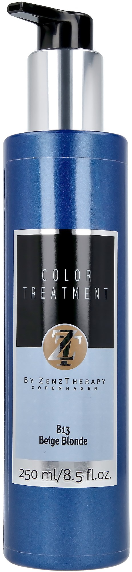 A blue bottle with a black and silver pump, labeled 'Color Treatment' for beige blonde hair, 8.5 fl oz.