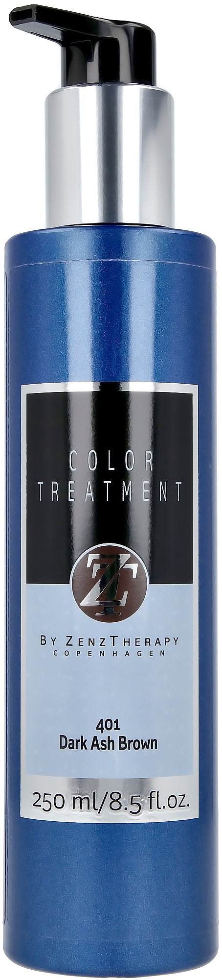 A blue bottle with a pump, labeled 'Color Treatment' and 'Dark Ash Brown', holds 250ml of hair color product.