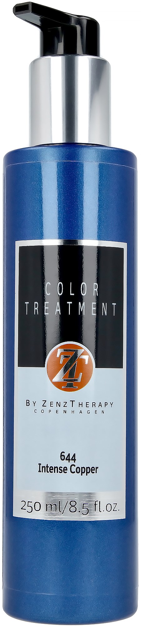 Eine blaue Flasche mit Pumphals, beschriftet "Color Treatment" und "Intense Copper."