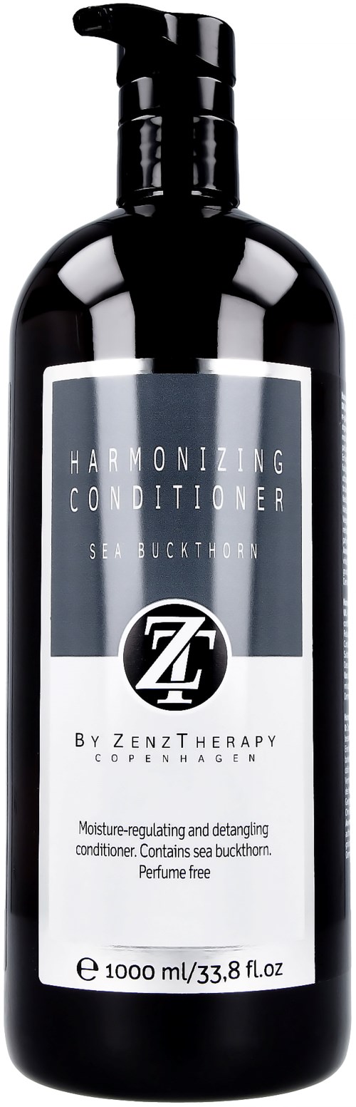 Eine schwarze Flasche mit Pumpaufsatz, labeled als harmonisierender Conditioner mit Zenz Therapy Duft, 1000 ml.