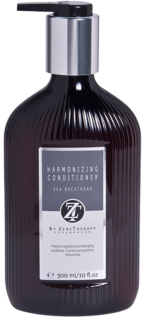 Eine dunkle Flasche mit Pumpaufsatz, beschriftet 'Harmonizing Conditioner' von Zenz Therapy, enthält 300 ml Haarpflegeprodukt.