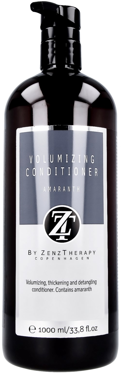 Eine schwarze Flasche mit der Bezeichnung 'Volumizing Conditioner' von ZenzTherapy mit 1000 ml. Wird für Haarpflege verwendet.