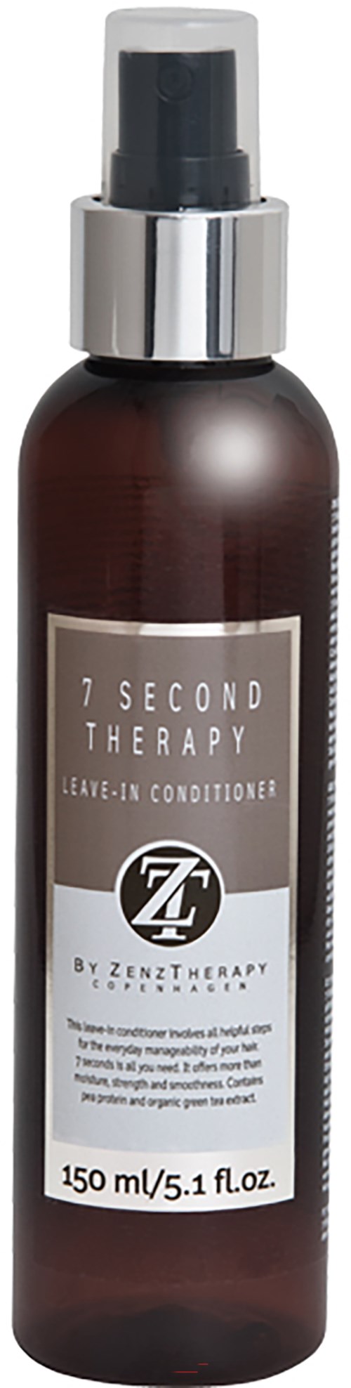 Eine dunkelbraune Sprühflasche mit weißem Etikett und Pumpkopf. Es ist mit "7 SECOND THERAPY" beschriftet.