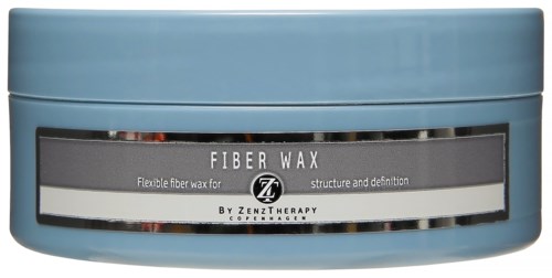 Ein blauer Behälter mit der Aufschrift 'Fiber Wax' für Haarstyling, mit 'von ZenZi Therapy' darunter.
