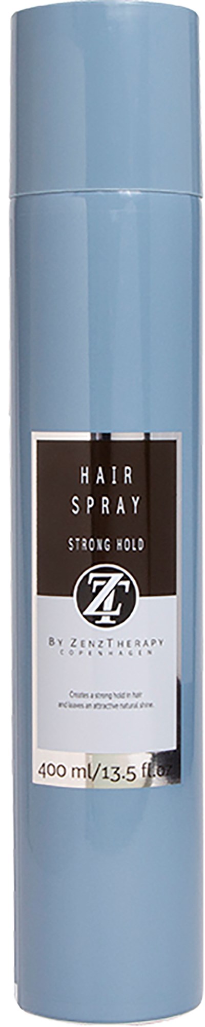 Eine lange, hellblaue Sprühdose mit 'Hair Spray'-Aufkleber und schwarzem und weißem Etikett. Sie hat eine Kappe oben.