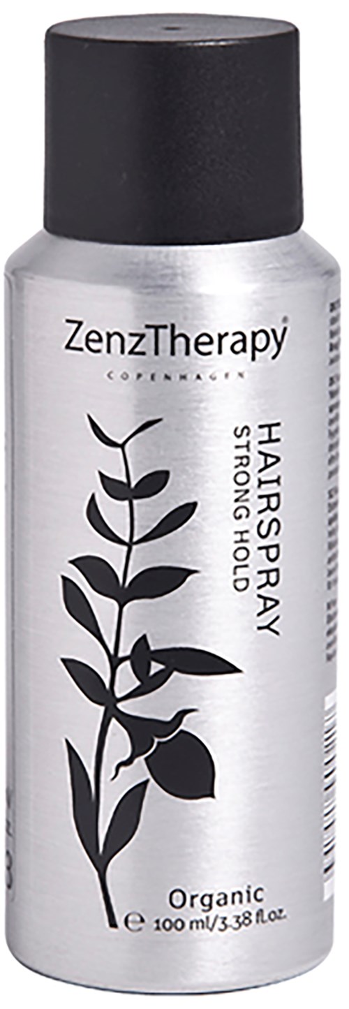 Eine silberne Flasche mit Schwarzem Deckel, beschriftet ZenzTherapy Organic Hair Spray mit schwarzem Blattform.