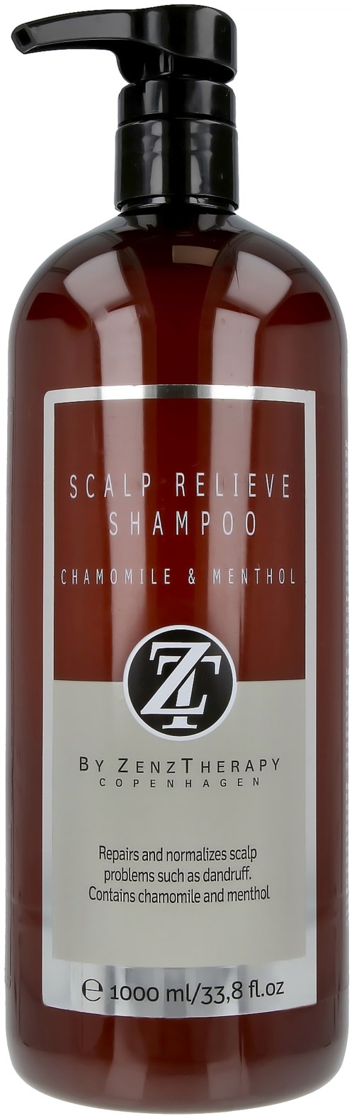 Braune Flasche mit Kopfhautlinderndem Shampoo, Pumpöffnung, mit Kamille und Menthol, von Zenz Therapy.