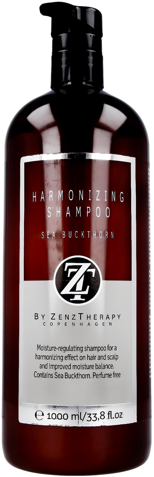 Eine dunkelrote Flasche mit Pumpspender, gekennzeichnet als harmonisierendes Shampoo, enthält 1000 ml und ist parfumsfrei.