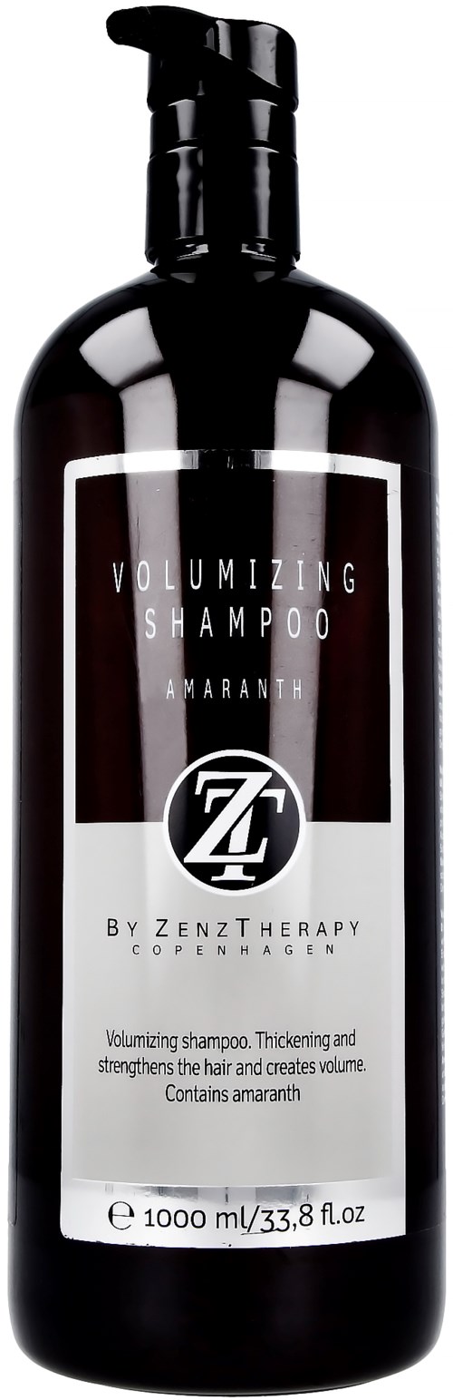 Eine schwarze Flasche Volumizing Shampoo mit Pumpaufsatz, Etikett zeigt Z von Zenz Therapy, enthält Amaranth.