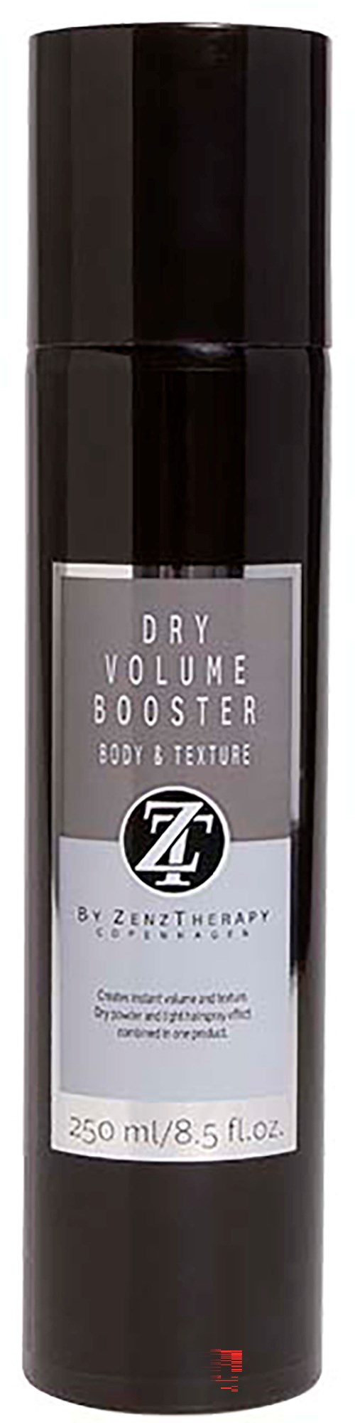 Ein schwarzer zylindrischer Flasche mit Etikett "Dry Volume Booster" von Zenz Therapy, für Haarstyling.