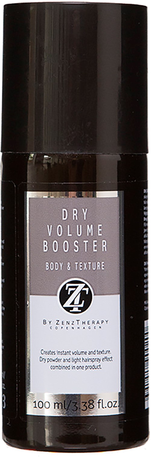 A black bottle labeled 'Dry Volume Booster' for body and texture, made by Zenz Therapy, 100ml capacity.