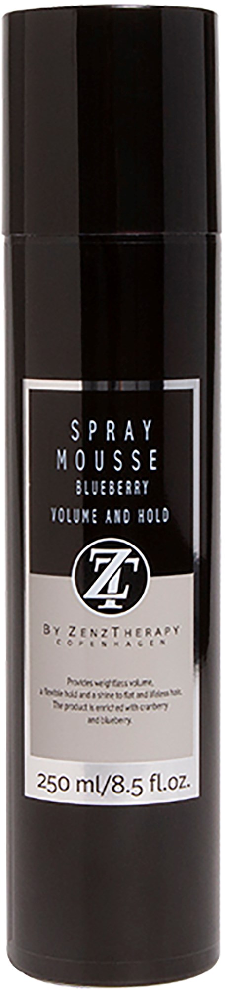 Schwarze zylindrische Sprühflasche mit Bezeichnung für Blaubeer-Mousse, 250 ml, in Schwarz-Weiß-Design.