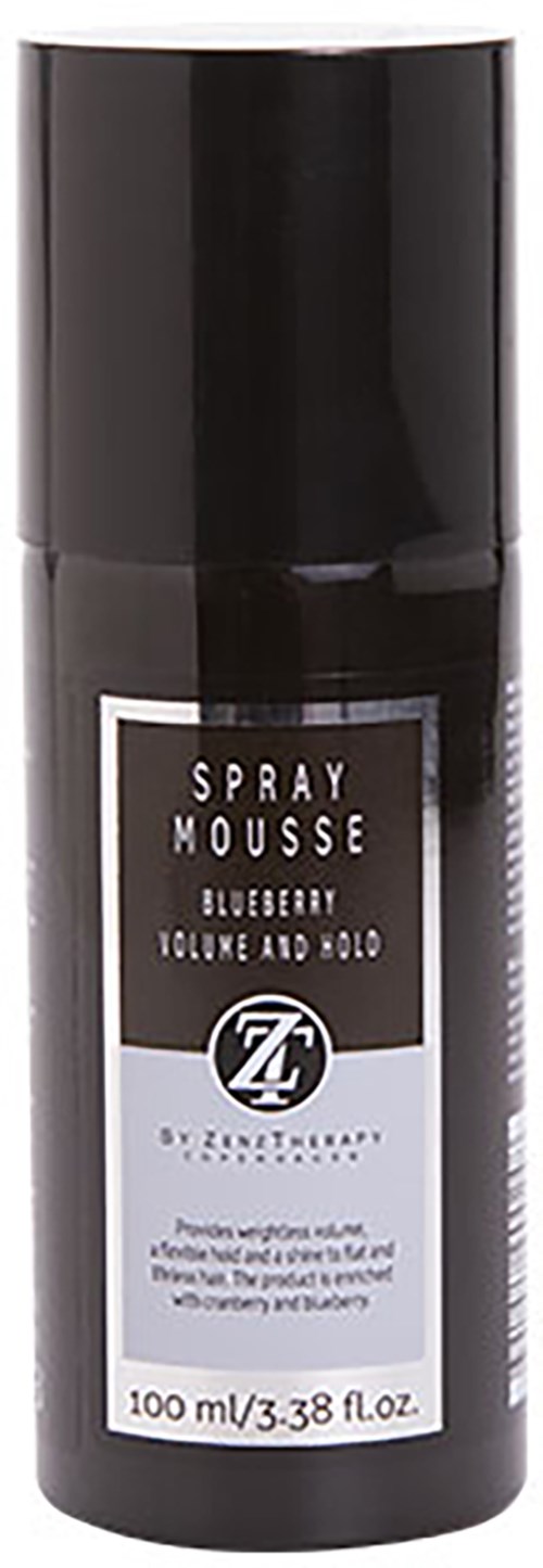 A black aerosol spray bottle labeled blueberry mousse, 100 ml, by Zone Therapy.