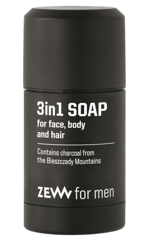 En svart flaska märkt "3in1 SOAP för ansikte, kropp och hår" med omtanke om kol från Bieszcady Mountains.