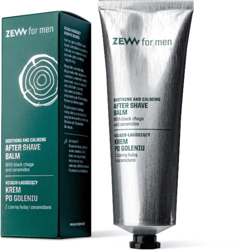 En silverrör av after shave balm bredvid en grön förpackningslåda, båda för herrvård med svart chaga och keramik.