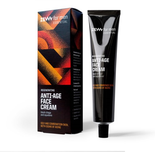 En svart och orange förpackning med box och tub för manlig anti-åldrande ansiktskräm med varumärkes- och produktdetaljer.