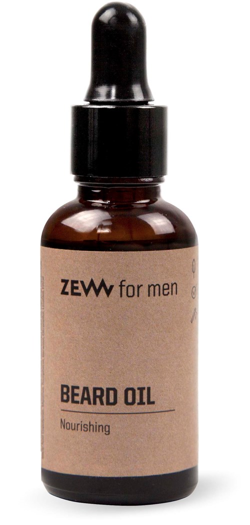 En liten brun flaska med pipettlock märkt "Beard Oil Nourishing" för mäns skötsel.