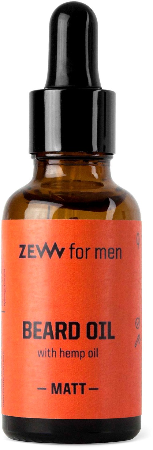 En brun glasflaska med svart topp och pipett. Etiketten säger "Beard Oil med hampaolja för män."