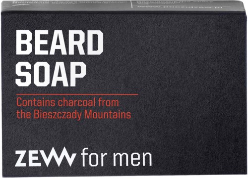 En svart förpackning märkt 'Beard Soap' med röd text om kol från berg, och ett varumärke 'Zew for men'.