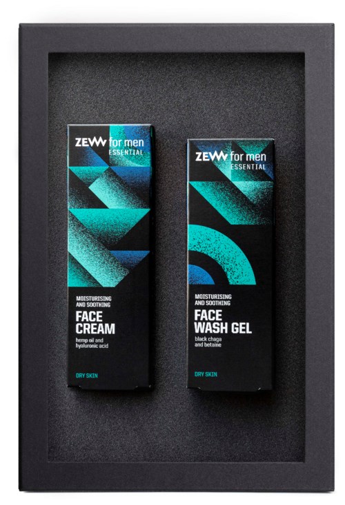 Two boxes of men's skincare products, face cream and face wash gel, in a black frame.