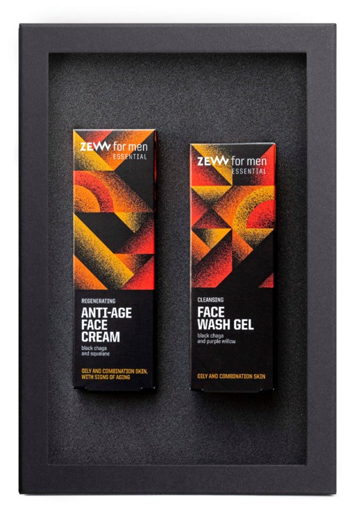 Two skincare products: anti-age face cream and cleansing face wash gel in a black box.