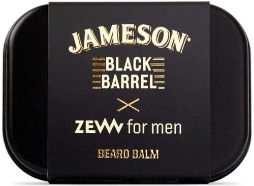 A black tin with gold and white text, advertising Jameson Black Barrel beard balm for men.