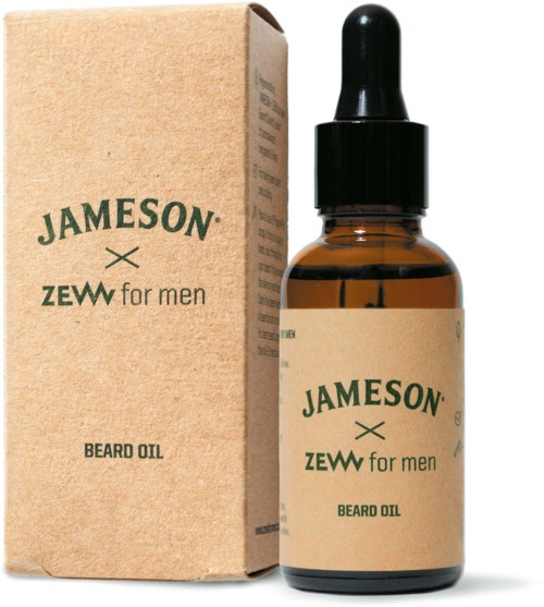 En brun flaska med skäggolja bredvid en matchande kartong med grön text, 'JAMESON ZEW for men'.