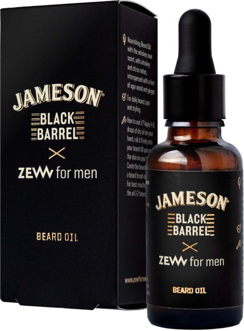 Svart box och liten flaska med droppare, märkt Jameson Black Barrel skäggolja för män.