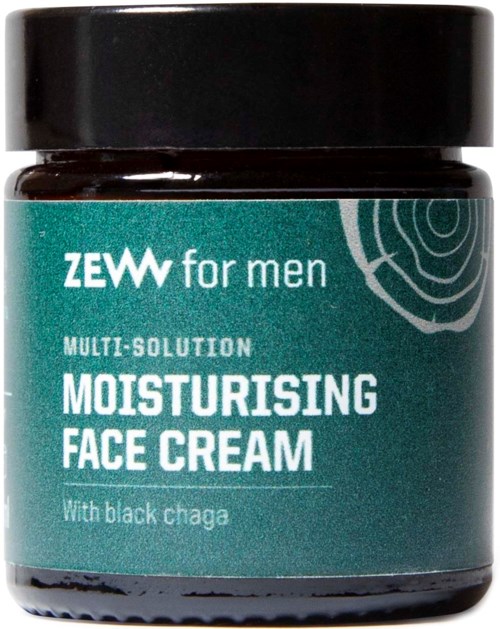 Ett mörkt burk med en tealfärgad etikett som säger 'ZEWW for men' och 'Moisturising Face Cream' med svart chaga.