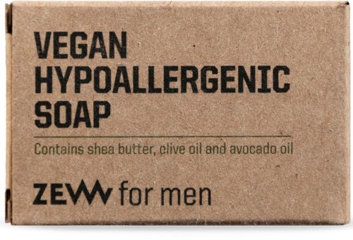 Vegan tvål gjord med sheasmör, olivolja och avokadoolja, i miljövänlig förpackning, för mäns hudvård.