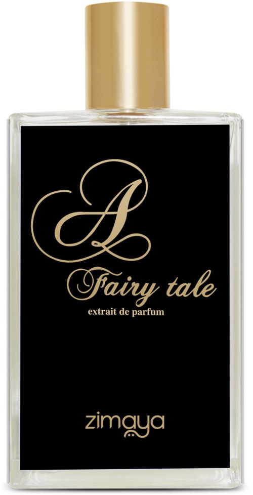 En parfymeflaske med svart etikett og gullhette, merket 'Fairy tale' og 'extrait de parfum' av Zimaya.