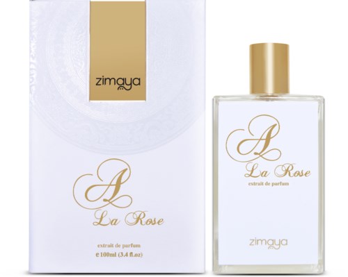 En parfymeflaske og eske merket 'La Rose' med gull og hvit design, inneholder 100 ml parfyme.