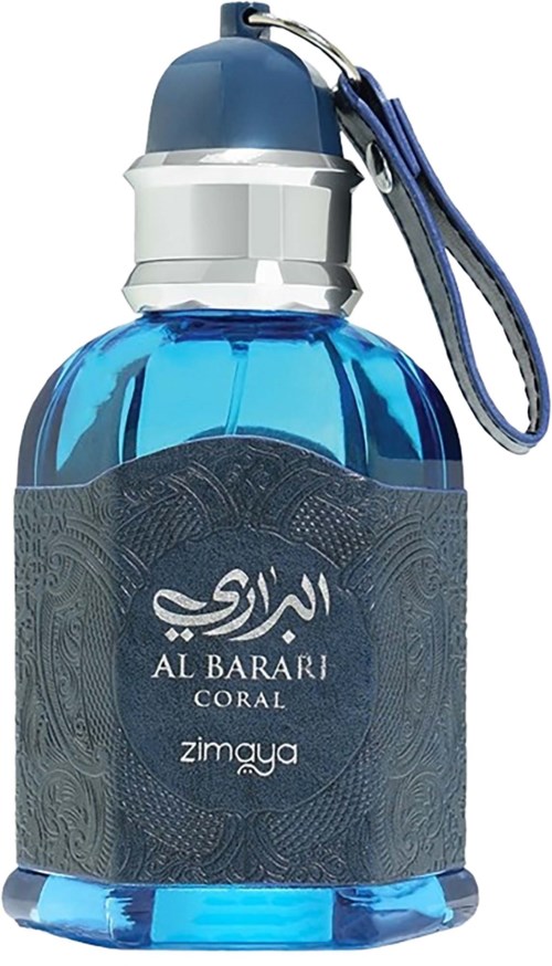 En blå glasparfymflaska med en grå kork och ett band, märkt 'Al Barari Coral Zamaya'.