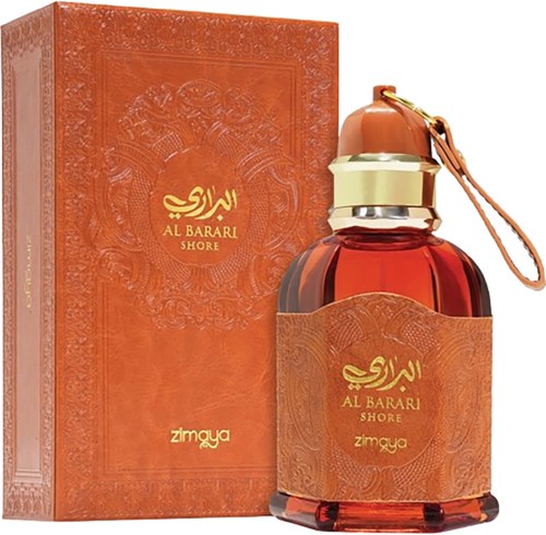 En parfyllflaska och förpackning med gul text och orange design, märkt 'Al Barari Shore' av Zimaya.