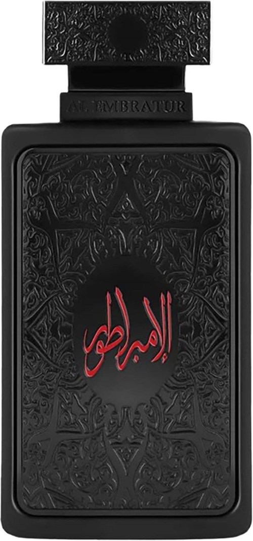 Svart parfyllflaska med röd arabisk text och utsmyckad design på framsidan.
