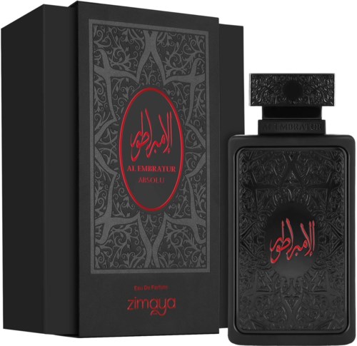 En svart parfymflaska med röd arabisk text och en matchande svart box med grå detaljerade mönster.