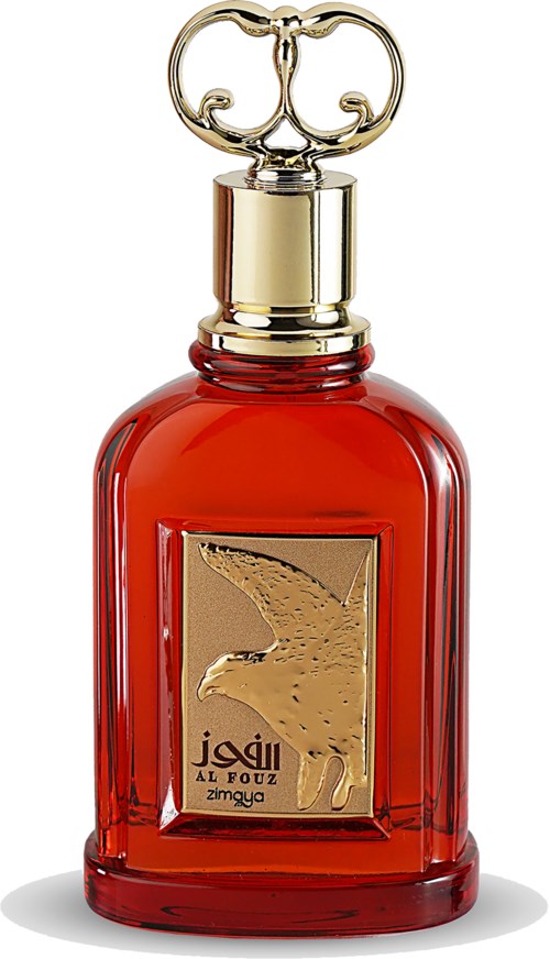 Een rode parfumfles met een gouden dop en een adelabel in het Arabisch.