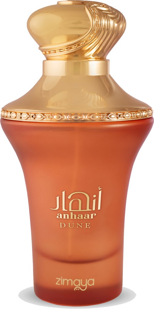En parfyllflaska med guldtoppar och orange kropp, märkt 'Jilani Anahaar Dune' och 'Zimaya'.