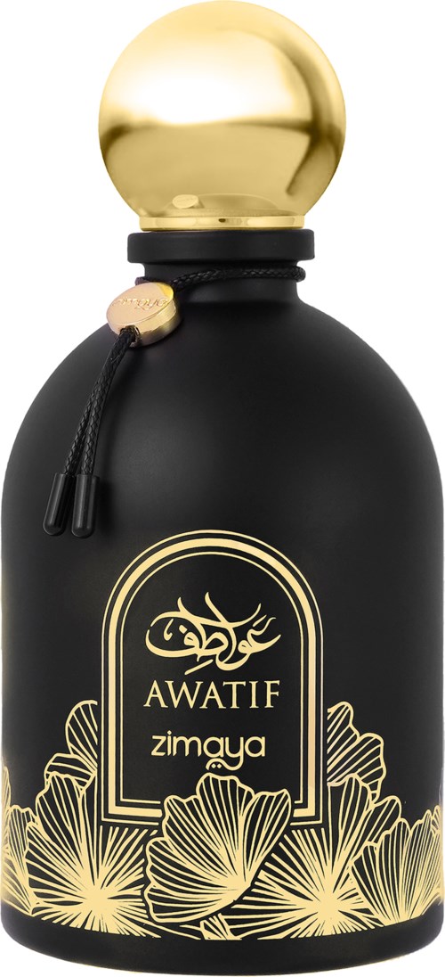 Een zwarte parfumfles met een gouden dop en gouden bloemenontwerp, gemarkeerd "AWATIF Zimaya".