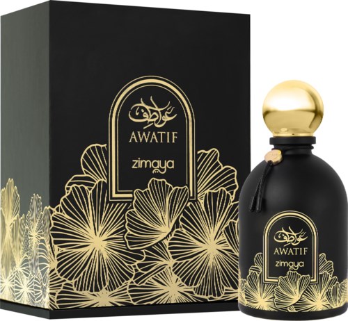 Zwarte parfumfles met gouden dop en label, versierd met gouden bloemenpatroon, samen met een bijpassende doos.