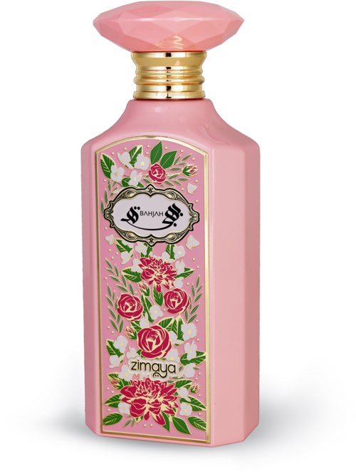 Rosa parfymeflasker med blomsterdesign og gullkant, med dekorativ etikett og lokk.