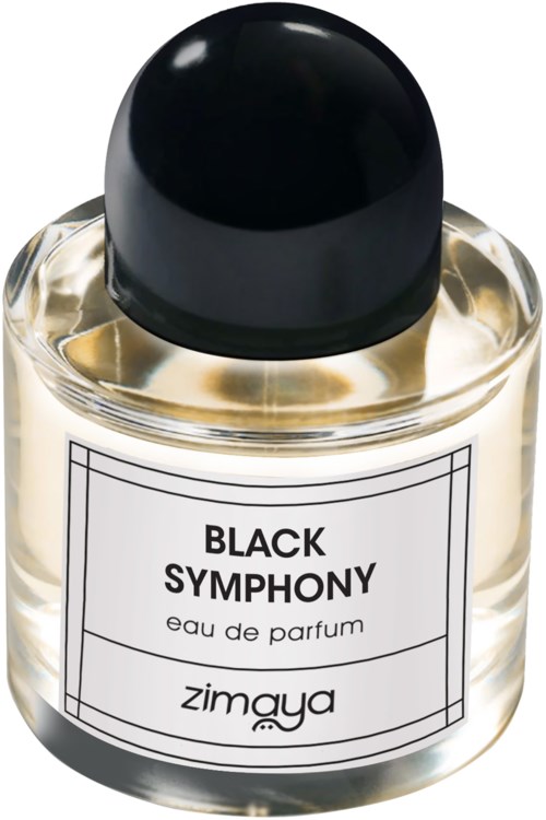 En liten parfymflaska med svart lock och vitt vätska inuti, märkt 'Black Symphony' av Zimaya.