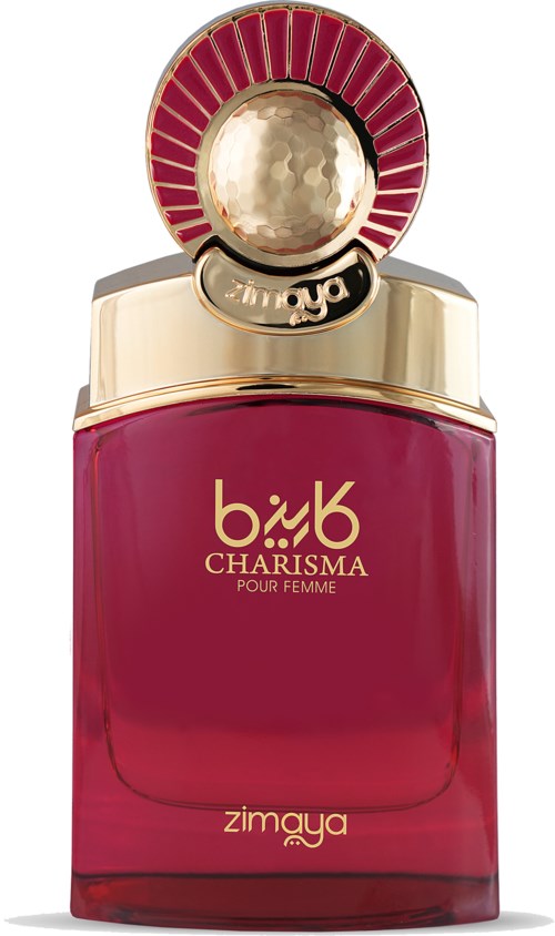 En rosa parfymflaska med gulddetaljer och en rund dekorationstopp. Etiketten säger 'b&b Charisma Pour Femme Zimaya.'