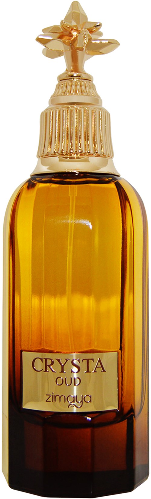 Een lange, amberkleurige fles met een gouden stervormige dop en label met 'CRYSTA'.