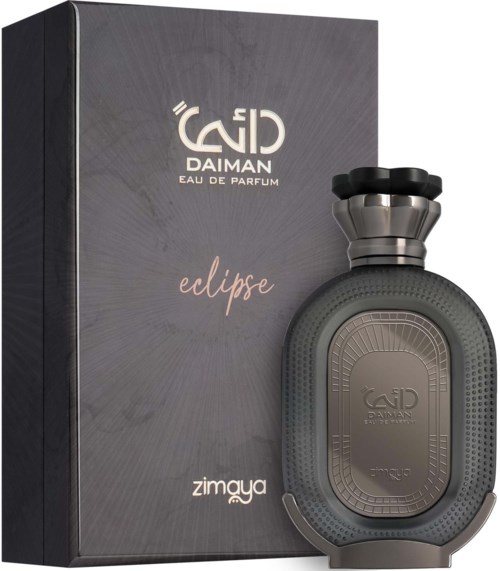 En parfymeflaske med slank grå design ved siden av en mørk boks merket 'Daiman eclipse' og 'zimuma'.