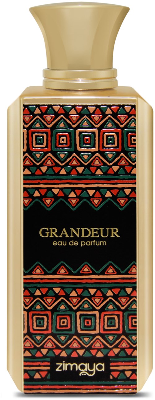 Een parfumfles met een kleurrijk, Afrikaans geïnspireerd etiket en een beige dop. Het etiket zegt 'Grandeur eau de parfum' door Zimaya.