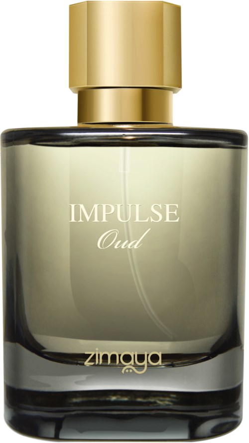 En parfyllflaska med guldlock, märkt 'IMPULSE Oud' av Zimaya, elegant och stilren design.